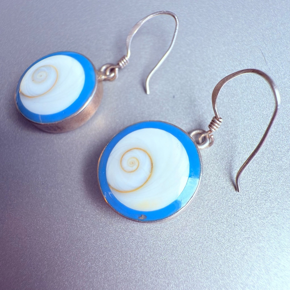 Eye Of Saint Lucia Shell Shiva Sterling Silver 925 Disc Dangle Earrings Evil Eye - Picture 2 of 6